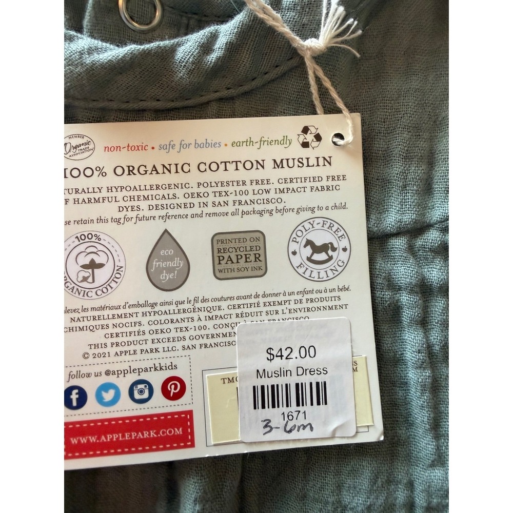 3-6m Apple Park NWT 100% Organic Cotton Muslin Sage Green Color Dress - Picture 5 of 6